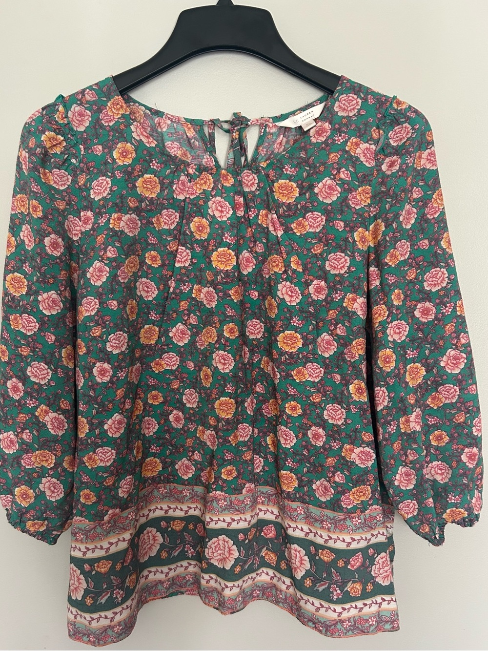 NWOT LC Lauren Conrad Floral Peasant Blouse Green Pink Gold Teal Tie back XL